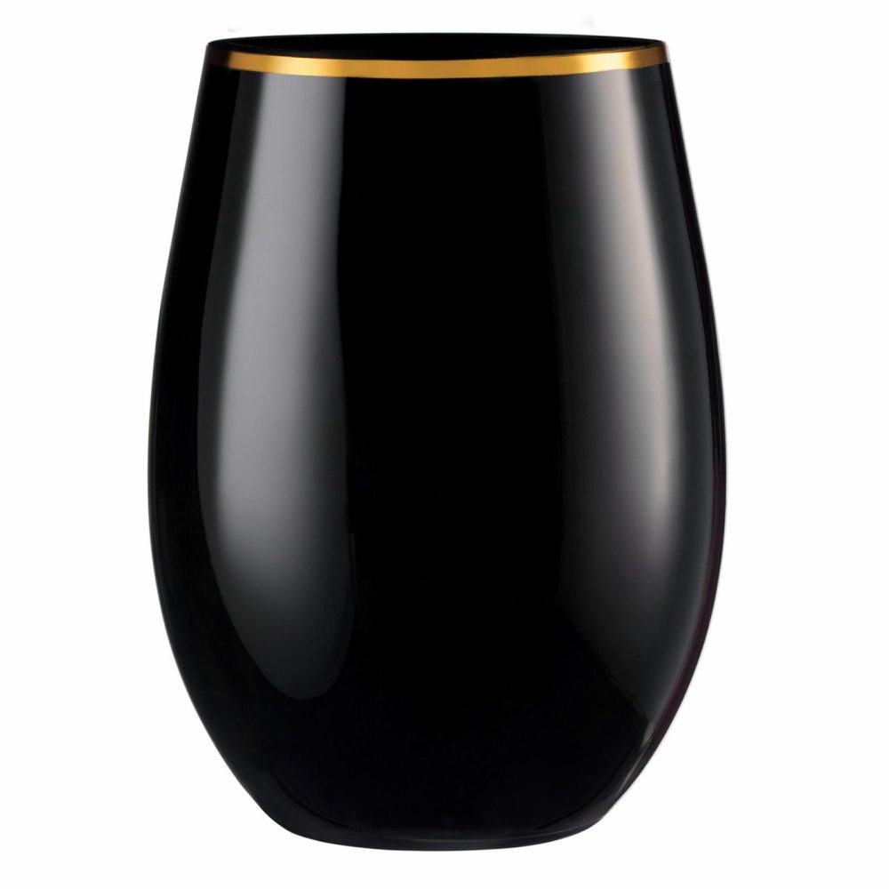 Drinkware | 16 Oz. Black Stemless Wine Goblets With Gold Rim 6 Pack Dinnerware Drinkware