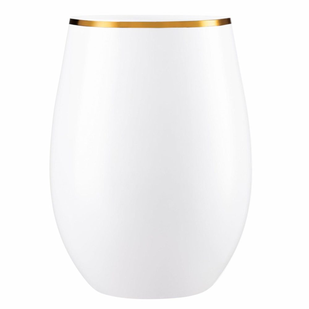 Drinkware | 16 Oz. White Stemless Wine Goblets With Gold Rim 6 Pack Dinnerware Drinkware