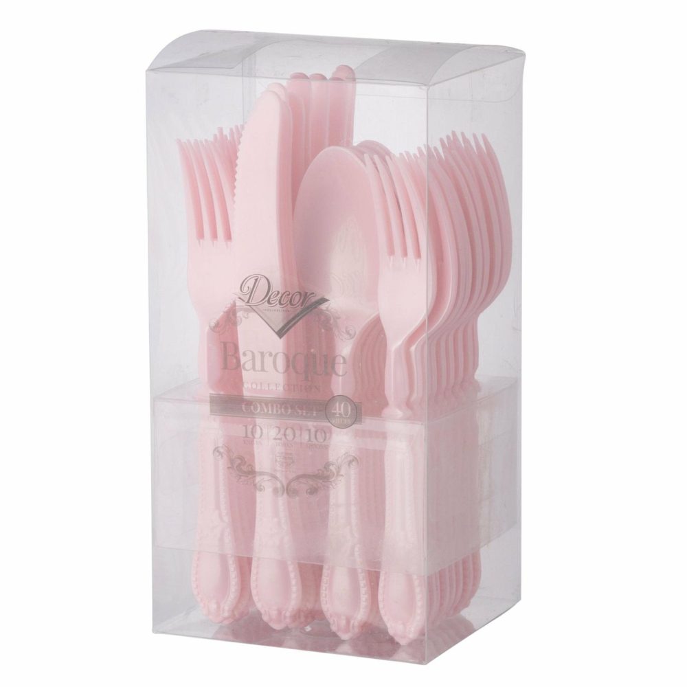 Flatware | 40 Piece Disposable Pink / Blush Heavyweight Plastic Silverware Combo Set (10 Settings) – Baroque Dinnerware Flatware