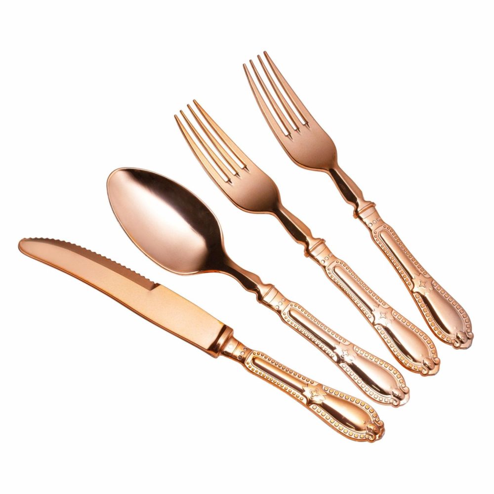 Flatware | 80 Piece Disposable Rose Gold Plastic Silverware Combo Set (20 Settings) – Baroque Dinnerware Flatware