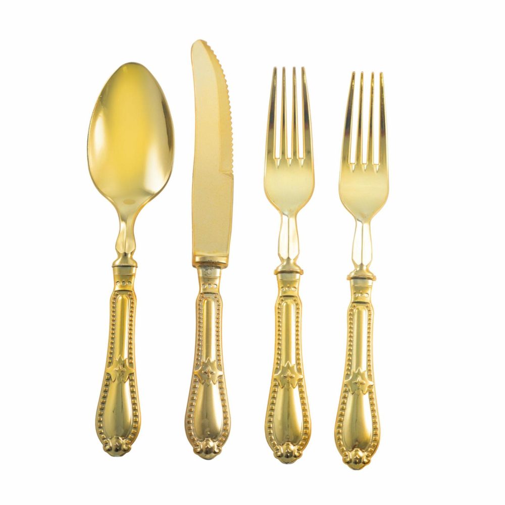 Flatware | Disposable Shiny Metallic Gold Flatware – Baroque Dinnerware Flatware