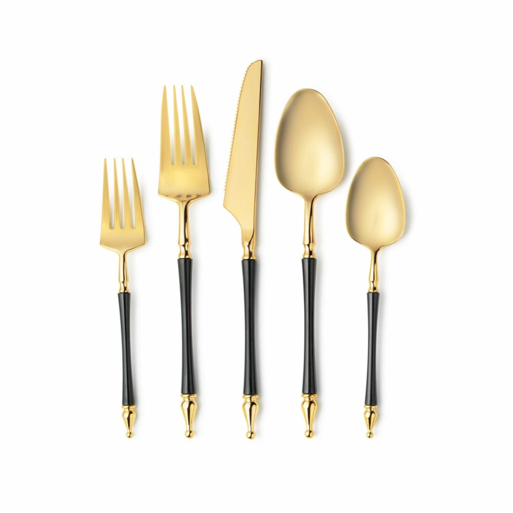 Flatware | Sophisticate Collection Black/Gold Flatware Set 40 Count – Settings For 8 Dinnerware Flatware