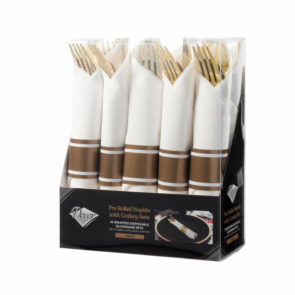 Napkins | Gold Disposable Plastic Cutlery In White Napkin Rolls Set-Setting For 10 Dinnerware Napkins