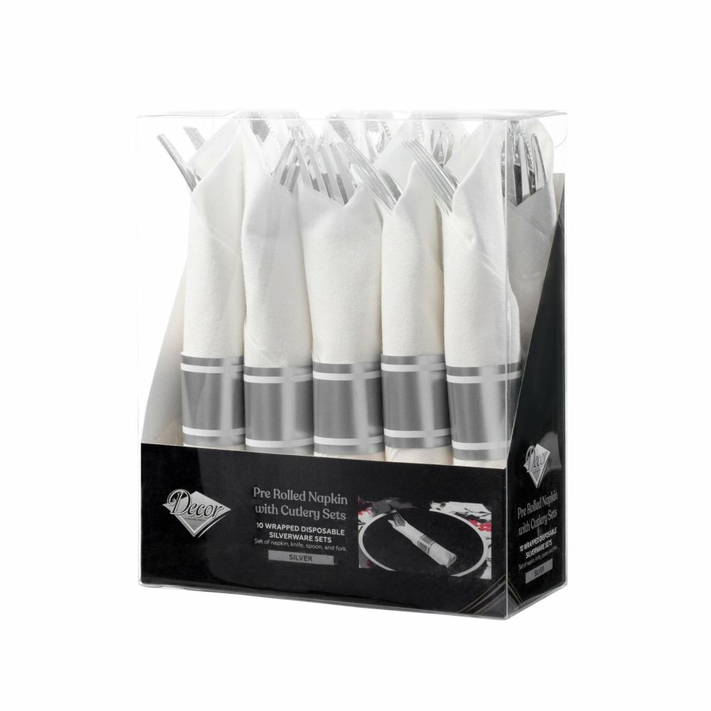 Napkins | Silver Disposable Plastic Cutlery In White Napkin Rolls Set-Setting For 10 Dinnerware Napkins