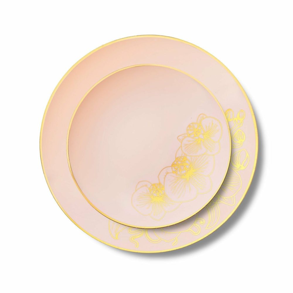 Plates | 32 Piece Combo Antique Pink And Gold Round Plastic Dinnerware Set (16 Servings) – Orchid Dinnerware Plates