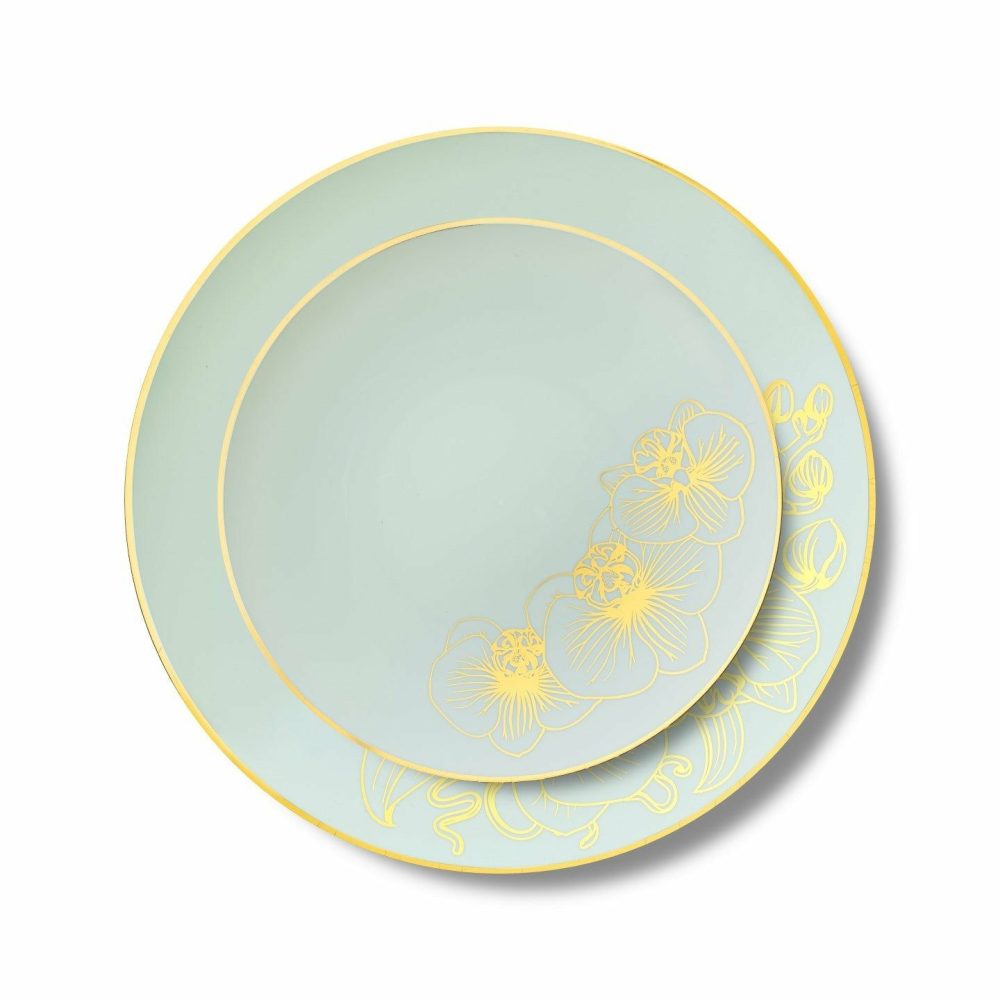 Plates | 32 Piece Combo Antique Turquoise And Gold Round Plastic Dinnerware Set (16 Servings) – Orchid Dinnerware Plates