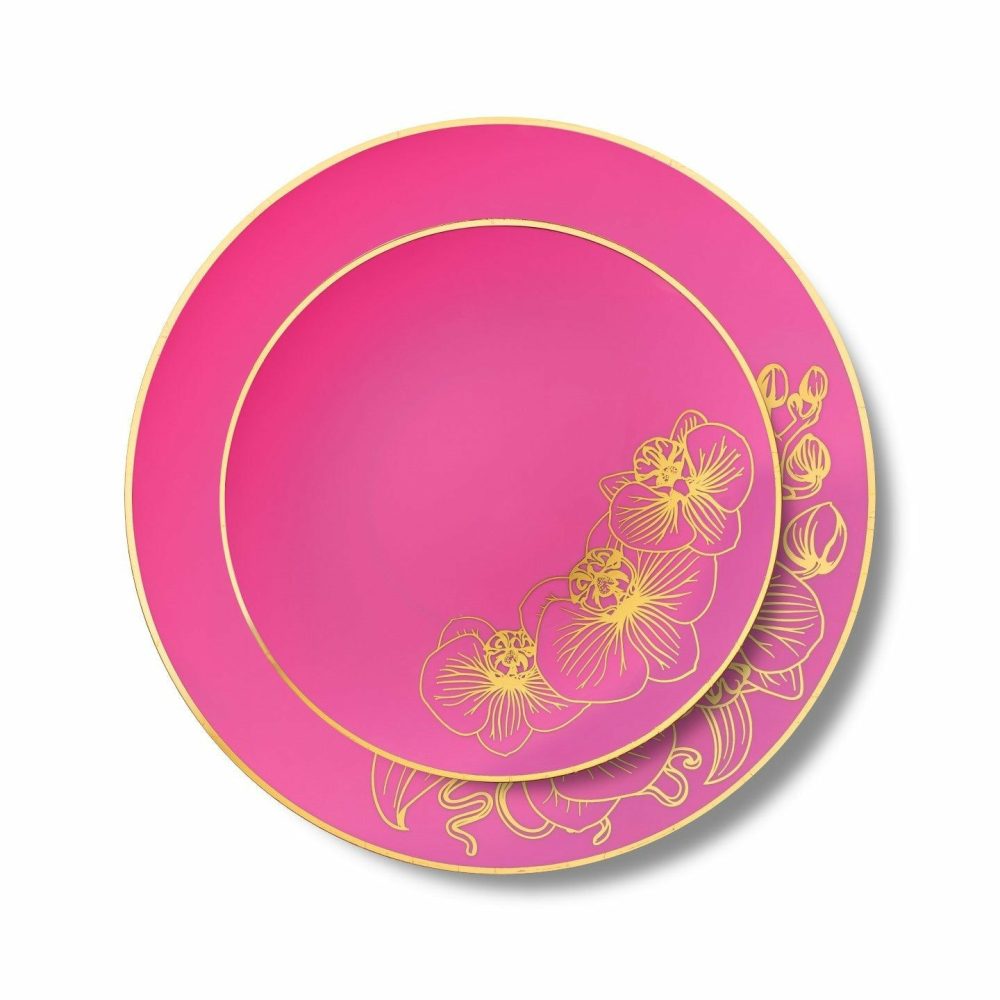 Plates | 32 Piece Combo Fuchsia And Gold Round Plastic Dinnerware Set (16 Servings) – Orchid Dinnerware Plates