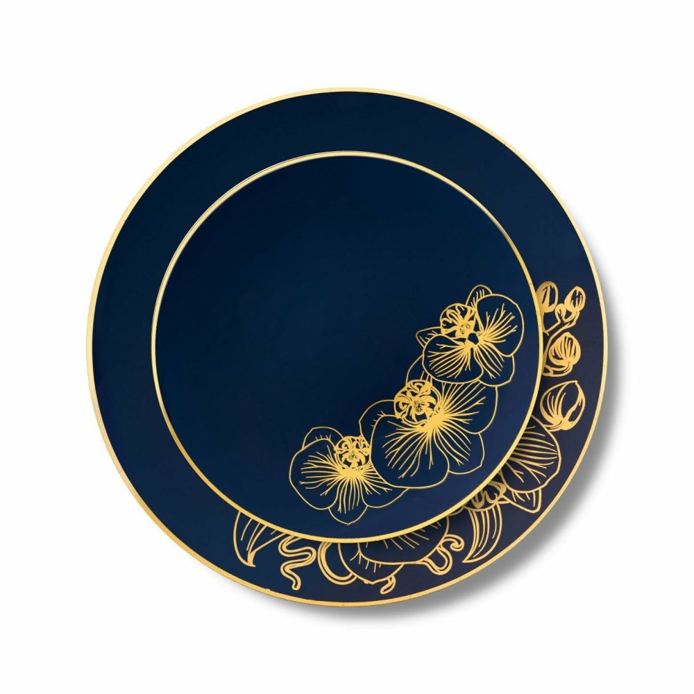 Plates | 32 Piece Combo Royal Blue And Gold Round Plastic Dinnerware Set (16 Servings) – Orchid Dinnerware Plates