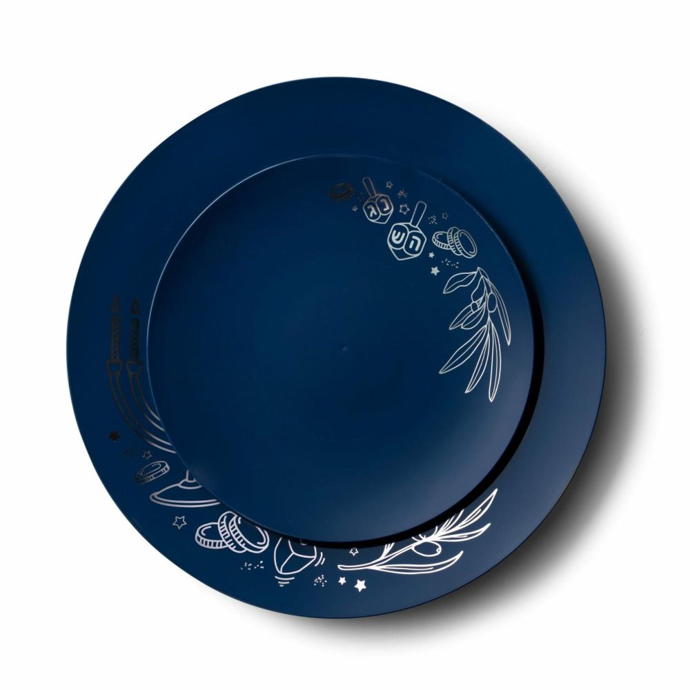 Plates | 32 Piece Combo Royal Blue And Silver Round Plastic Dinnerware Set 10.25″ And 7.5″ (16 Servings) – Chanukah Dinnerware Plates