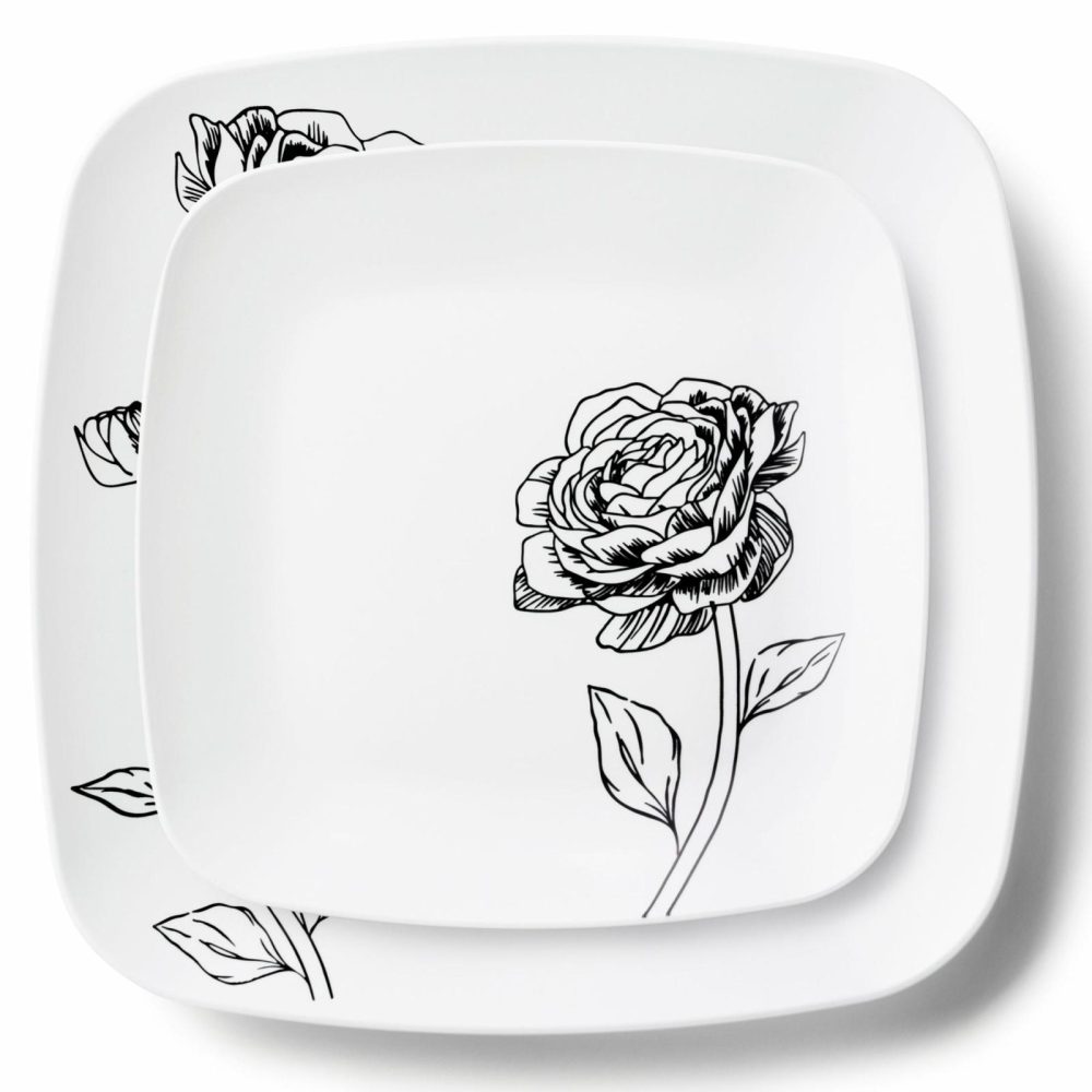 Plates | 32 Piece Combo White And Black Square Plastic Dinnerware Set (16 Servings) – Peony Dinnerware Plates