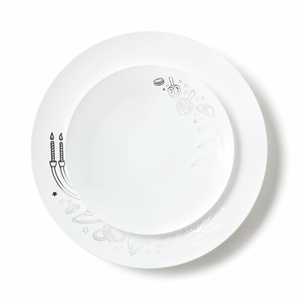 Plates | 32 Piece Combo White And Silver Round Plastic Dinnerware Set 10.25″ And 7.5″ (16 Servings) – Chanukah Dinnerware Plates