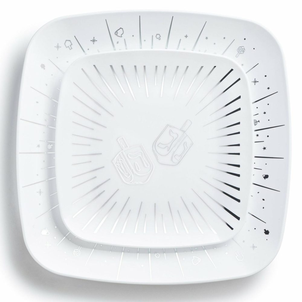 Plates | 32 Piece Combo White And Silver Square Plastic Dinnerware Set 10″ And 7.25″ (16 Servings) – Chanukah Dinnerware Plates