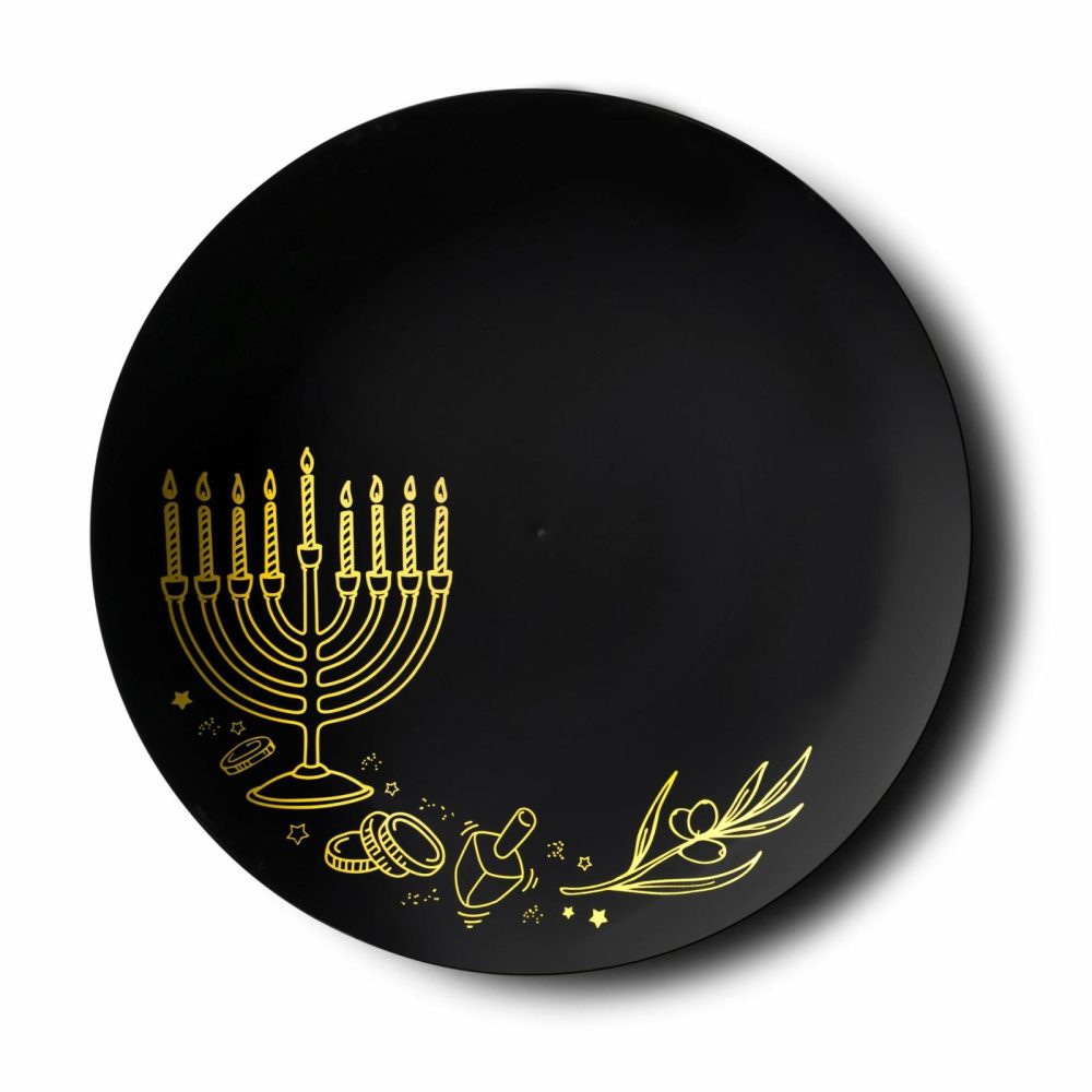 Plates | Black And Gold Round Plastic Plates 10 Pack – Chanukah Dinnerware Plates