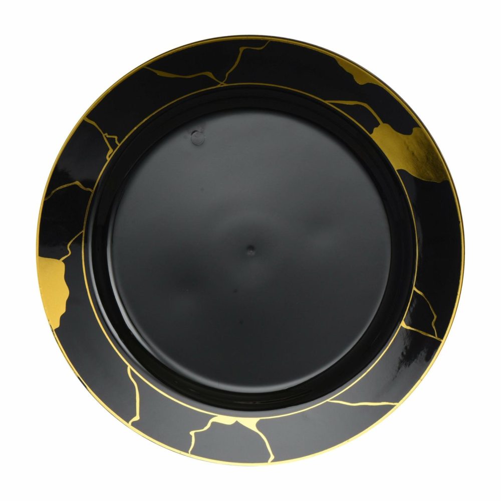 Plates | Black And Gold Round Plastic Plates – Marble Dinnerware Plates