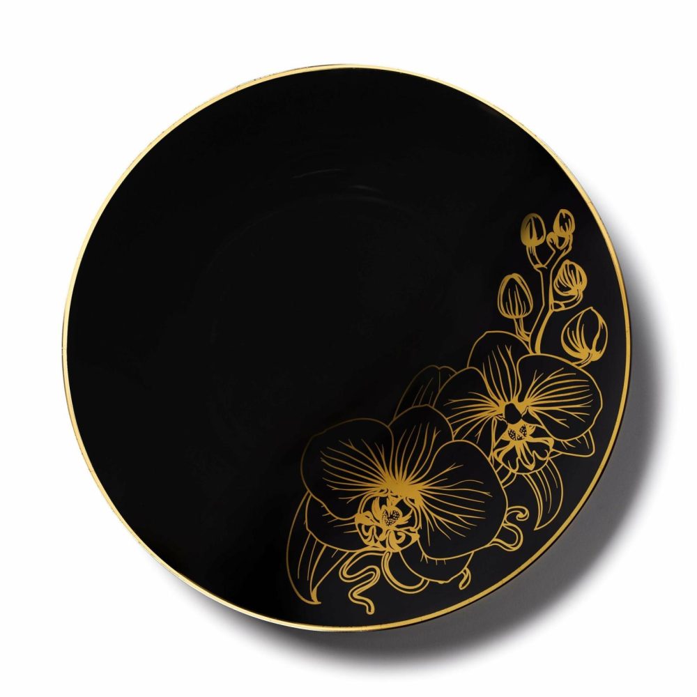 Plates | Black And Gold Round Plastic Plates – Orchid Dinnerware Plates