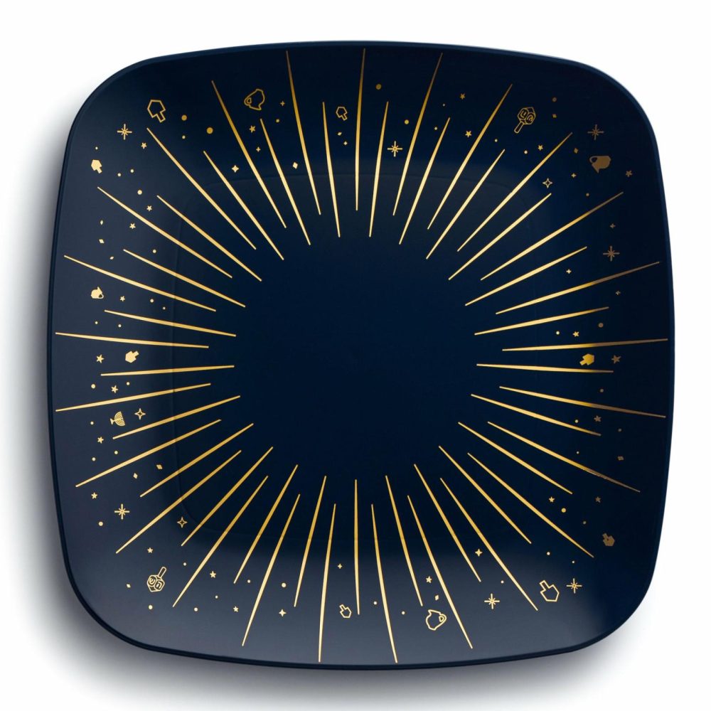 Plates | Blue And Gold Square Plastic Plates 10 Pack – Chanukah Dinnerware Plates