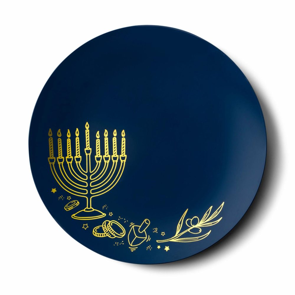 Plates | Royal Blue And Gold Round Plastic Plates 10 Pack – Chanukah Dinnerware Plates