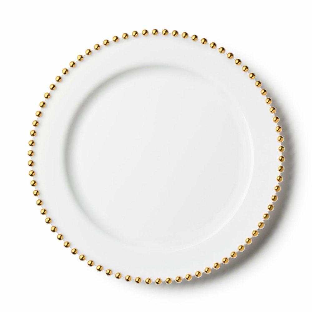 Plates | White And Gold Round Plastic Plates 10 Count – Beaded Dinnerware Plates