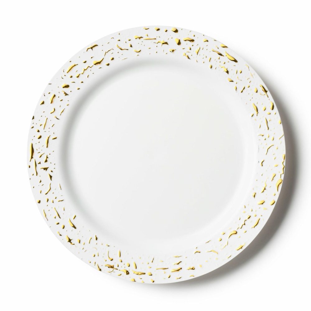 Plates | White And Gold Round Plastic Plates 10 Count – Pebbled Dinnerware Plates