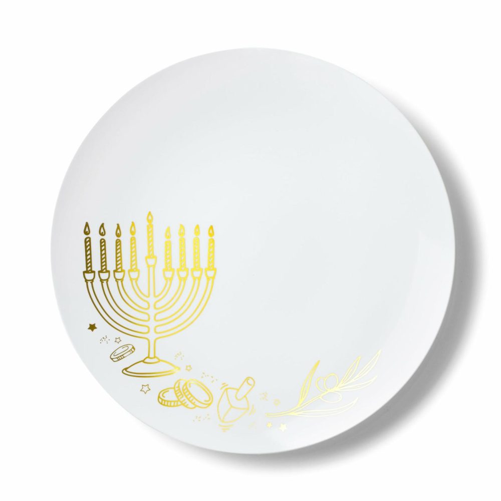 Plates | White And Gold Round Plastic Plates 10 Pack – Chanukah Dinnerware Plates