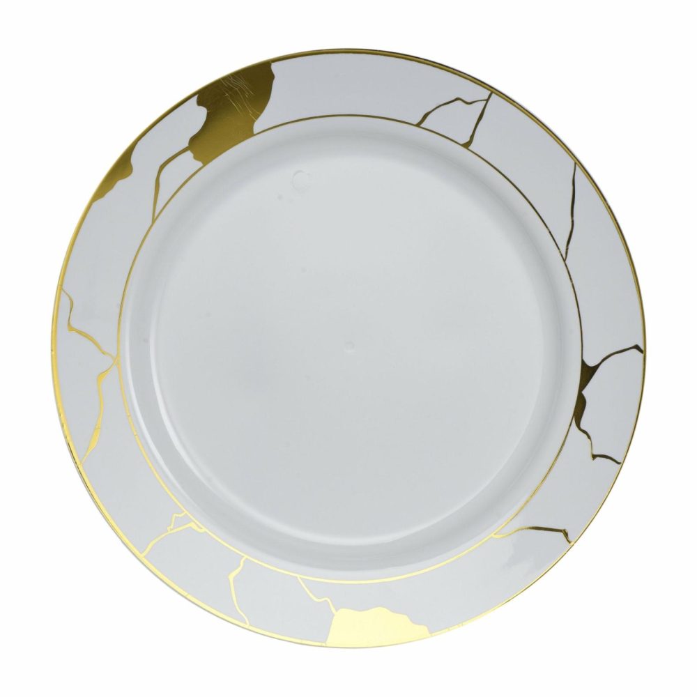 Plates | White And Gold Round Plastic Plates – Marble Dinnerware Plates