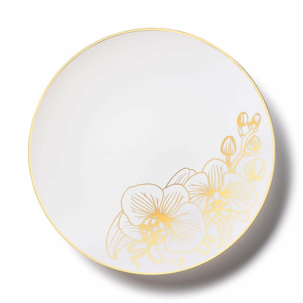 Plates | White And Gold Round Plastic Plates – Orchid Dinnerware Plates