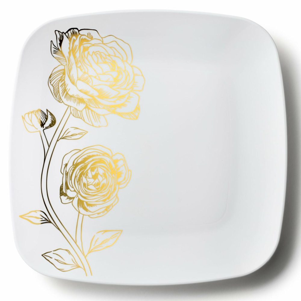 Plates | White And Gold Square Plastic Plates – Peony Dinnerware Plates