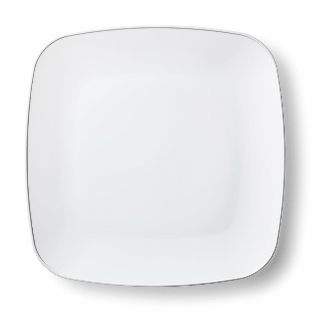 Plates | White And Silver Rim Square Plastic Plates 10 Pack – Classic Dinnerware Plates