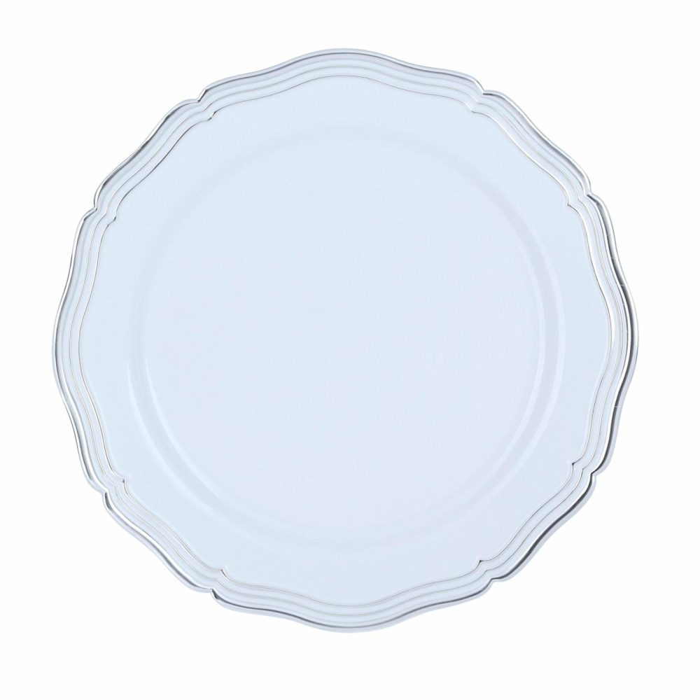 Plates | White And Silver Round Plastic Plates 10 Pack – Aristocrat Dinnerware Plates