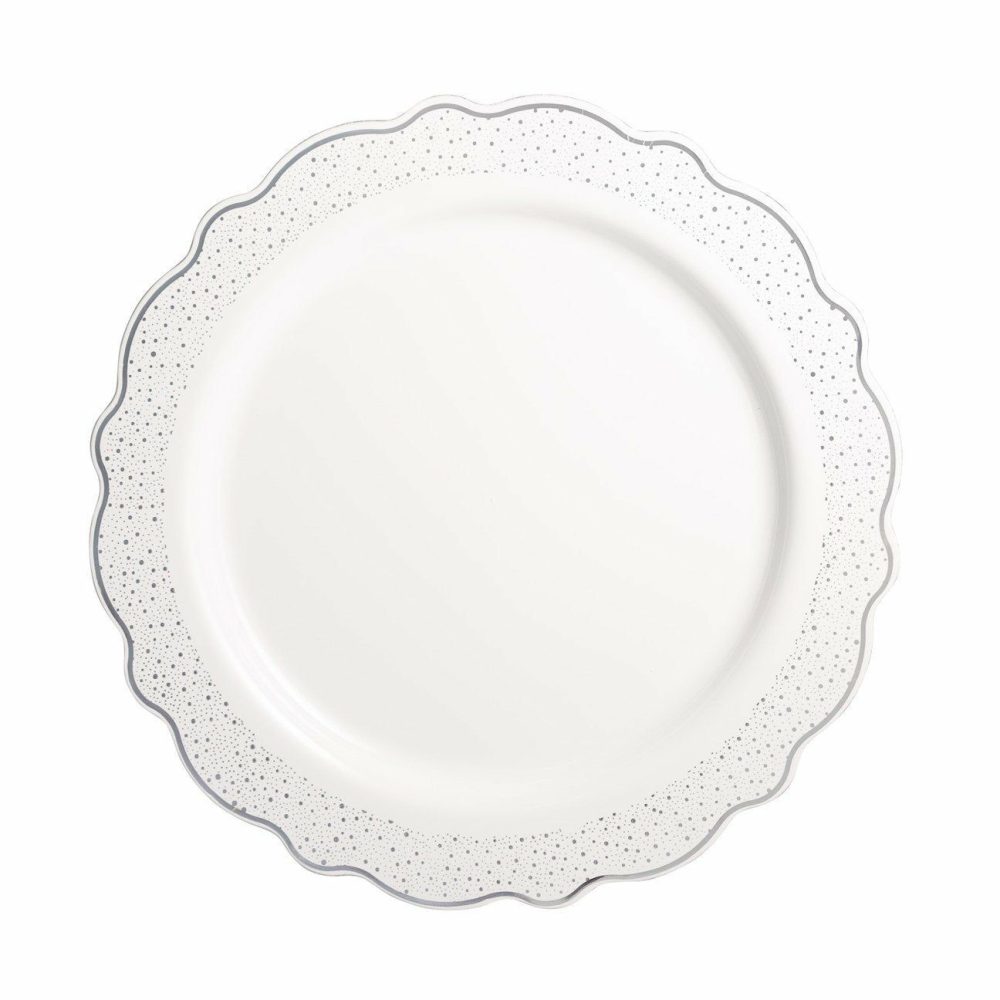 Plates | White And Silver Round Plastic Plates – Confetti Dinnerware Plates