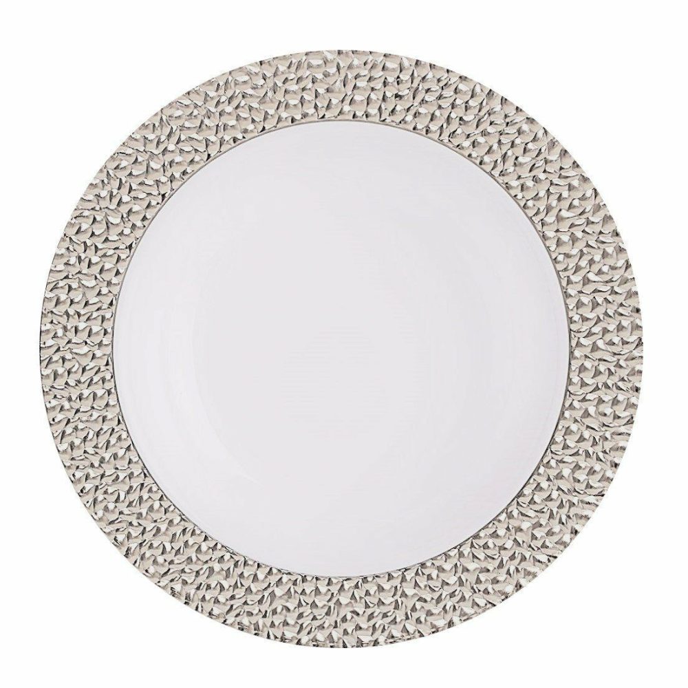 Plates | White And Silver Round Plastic Plates – Hammered Dinnerware Plates