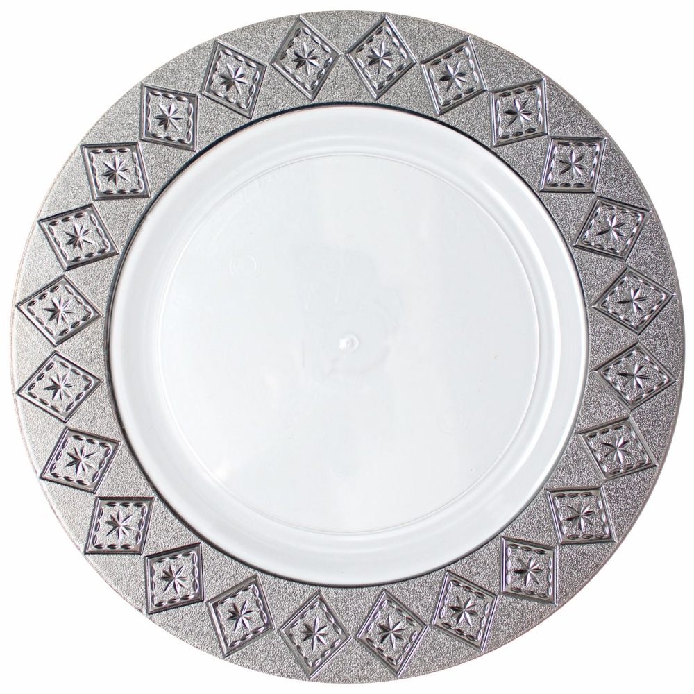 Plates | White And Silver Round Plastic Plates – Imperial Dinnerware Plates