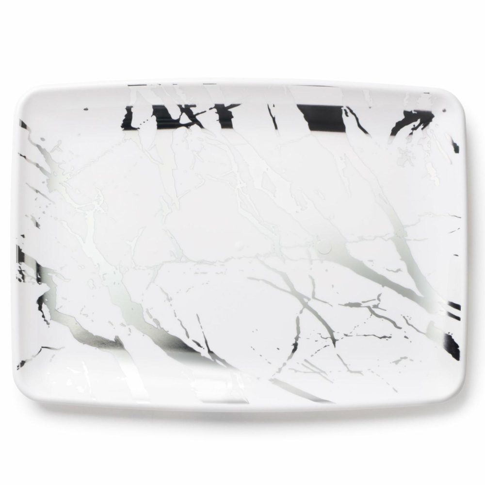 Serverware | Marble White And Silver Rectangle Serving Dish – 2 Pack Dinnerware Serverware