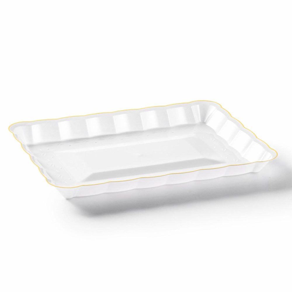 Serverware | Scalloped White And Gold Rectangular Serving Tray – 4 Count Dinnerware Serverware