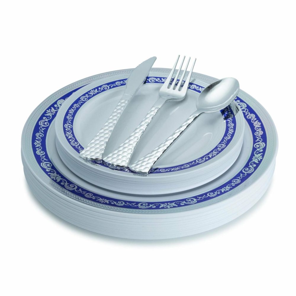 Value Sets | 100 Piece Blue And Silver Round Plastic Dinnerware And Silverware Value Set (20 Guests) – Royal Dinnerware Value Sets