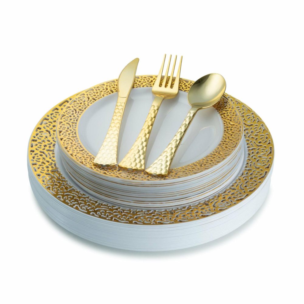 Value Sets | 100 Piece White And Gold Round Plastic Dinnerware And Silverware Value Set (20 Servings) – Lace Dinnerware Value Sets