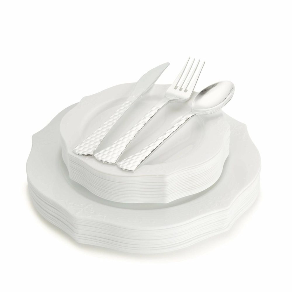 Value Sets | 100 Piece White Round Plastic Dinnerware And Silverware Value Set (20 Servings) – Antique Dinnerware Value Sets