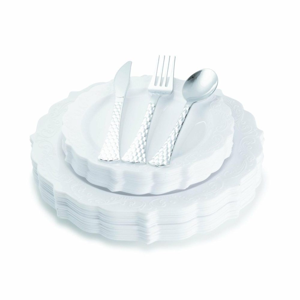 Value Sets | 100 Piece White Round Plastic Dinnerware And Silverware Value Set (20 Servings) – Elegant Dinnerware Value Sets