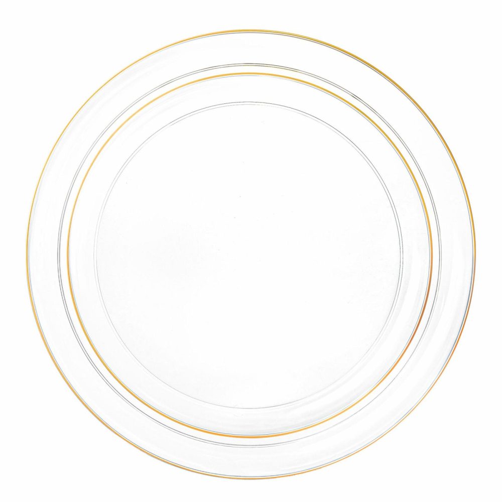 Value Sets | 20 Pack Clear And Gold Round Plastic Dinnerware Set (10 Guests) – Edge Dinnerware Value Sets