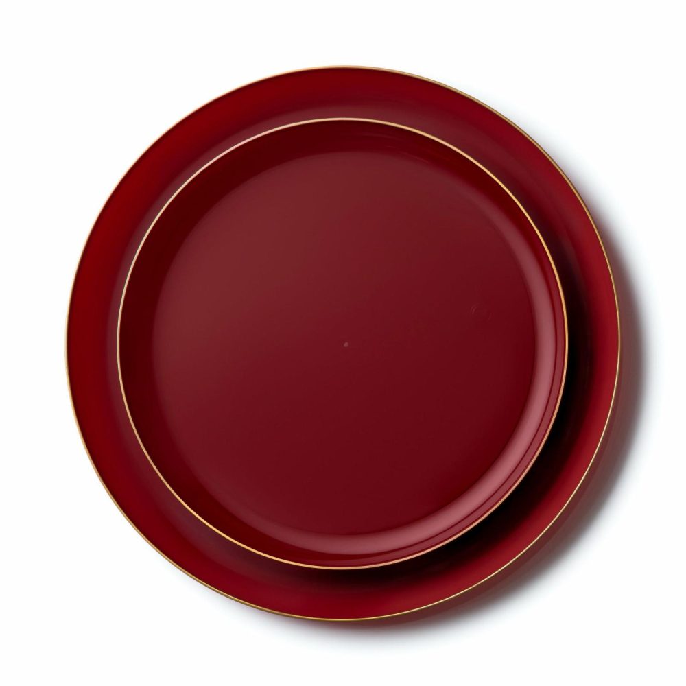 Value Sets | 20 Pack Cranberry And Gold Round Plastic Dinnerware Set (10 Guests) – Edge Dinnerware Value Sets