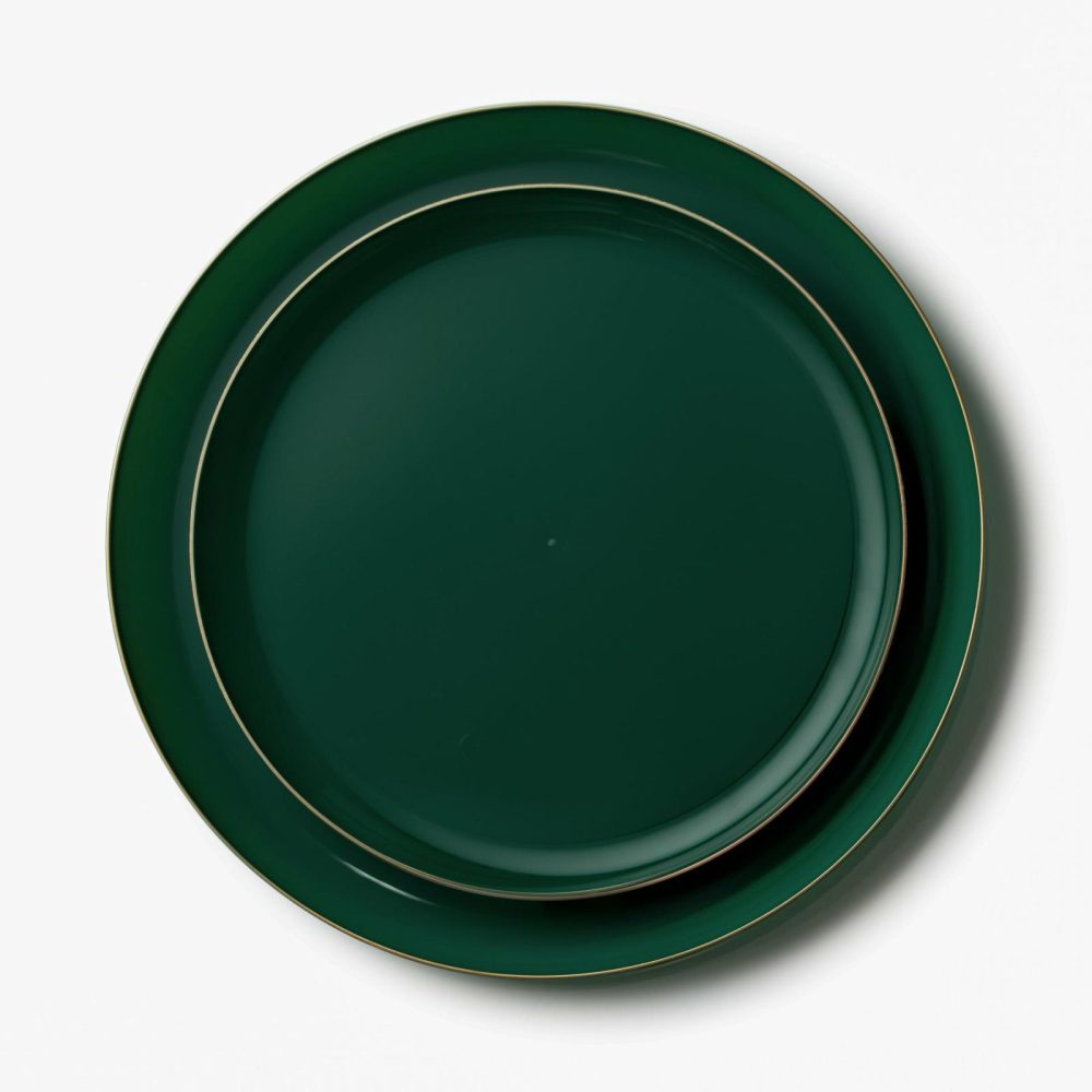 Value Sets | 20 Pack Green And Gold Round Plastic Dinnerware Set (10 Guests) – Edge Dinnerware Value Sets