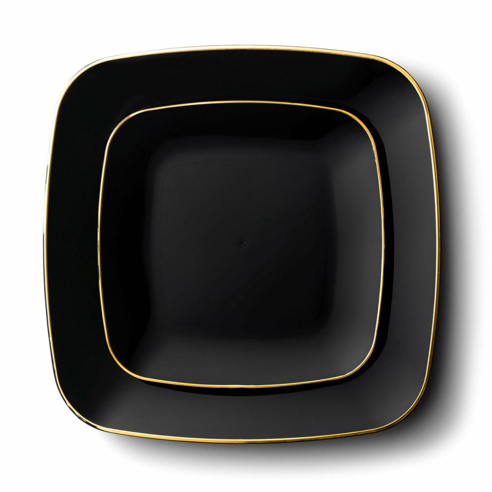 Value Sets | 32 Pack Black And Gold Square Plastic Dinnerware Set (16 Guests) – Classic Square Dinnerware Value Sets