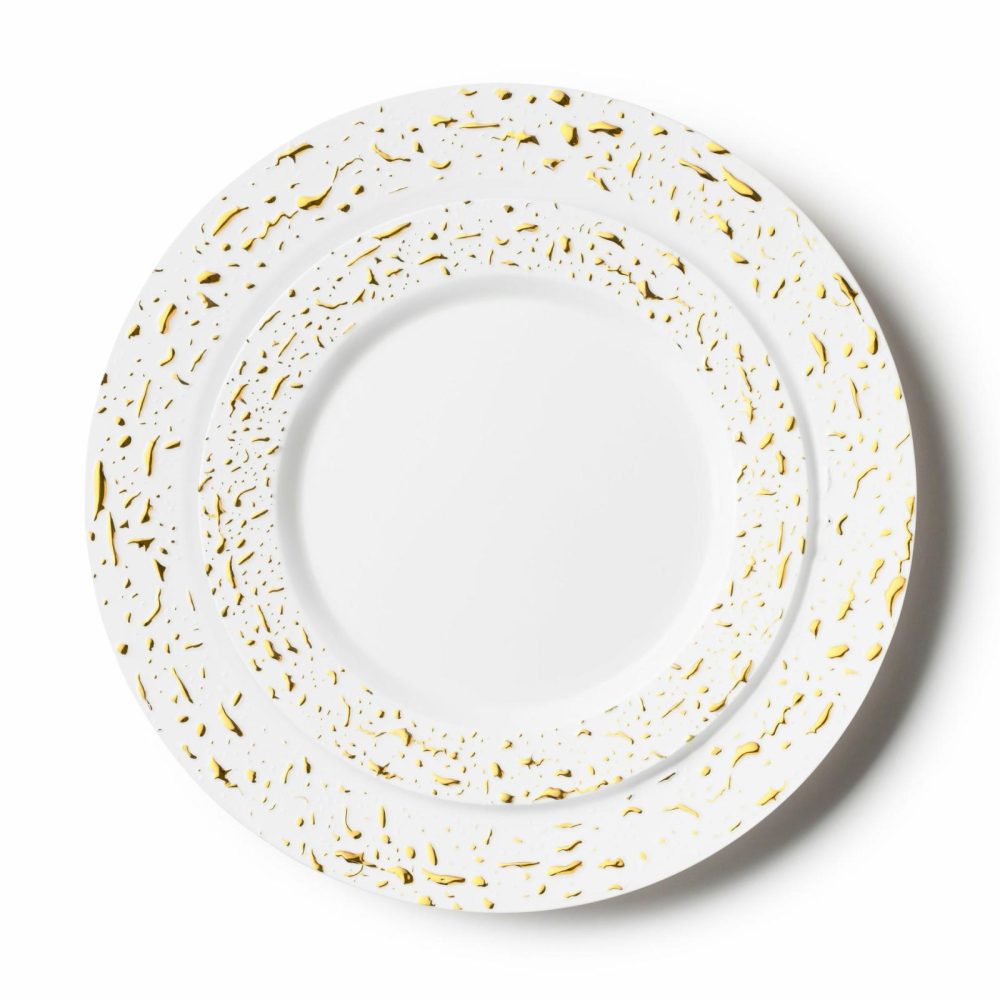 Value Sets | 32 Pack White And Gold Round Plastic Dinnerware Set (16 Guests) – Pebbled Dinnerware Value Sets