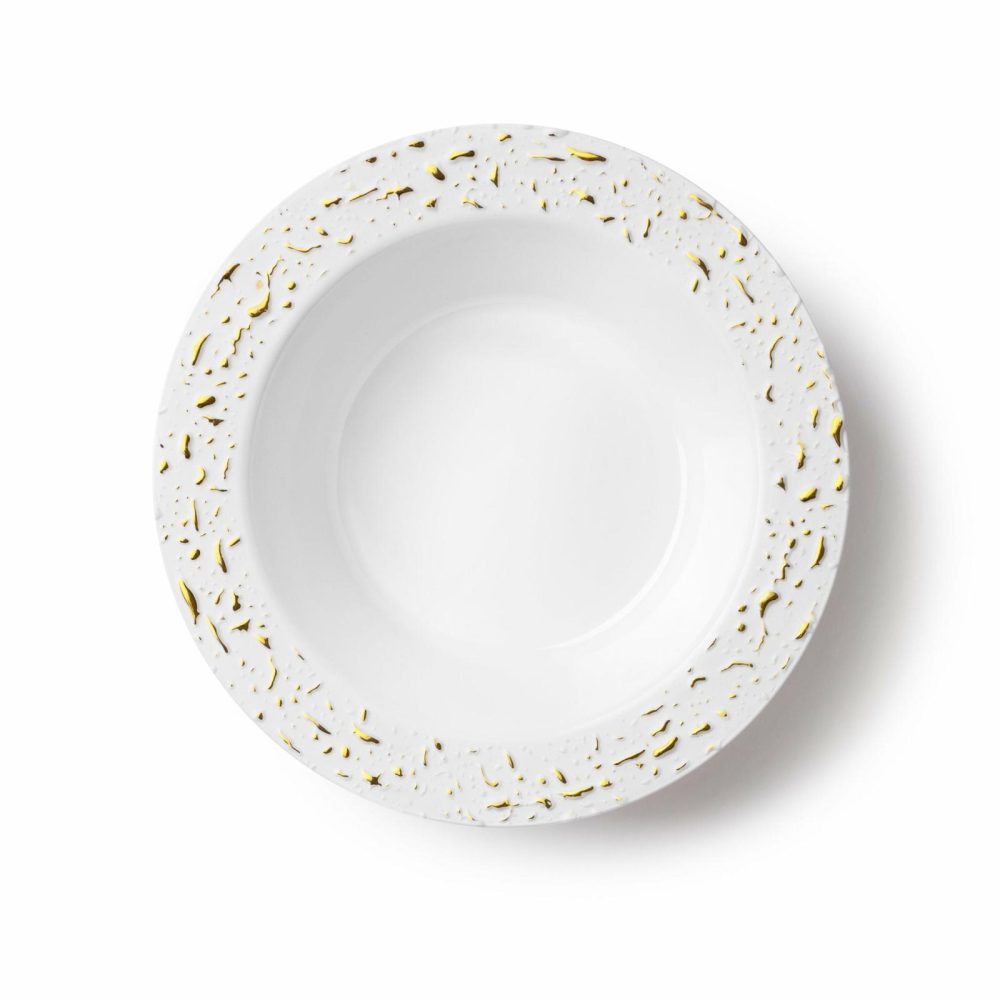 Value Sets | 32 Pack White And Gold Round Plastic Soup/Dessert Set (16 Guests) – Pebbled Dinnerware Value Sets