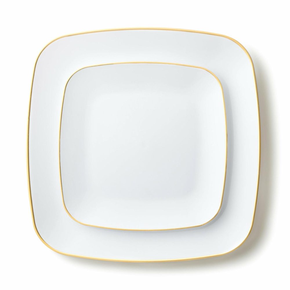 Value Sets | 32 Pack White And Gold Square Plastic Dinnerware Set (16 Guests) – Classic Square Dinnerware Value Sets