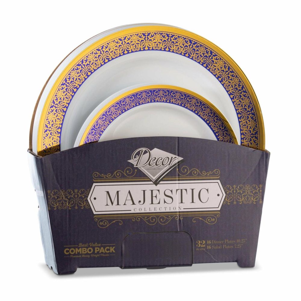 Value Sets | 32 Piece Combo Pack Blue And Gold Round Plastic Dinnerware Set (16 Servings) – Majestic Dinnerware Value Sets