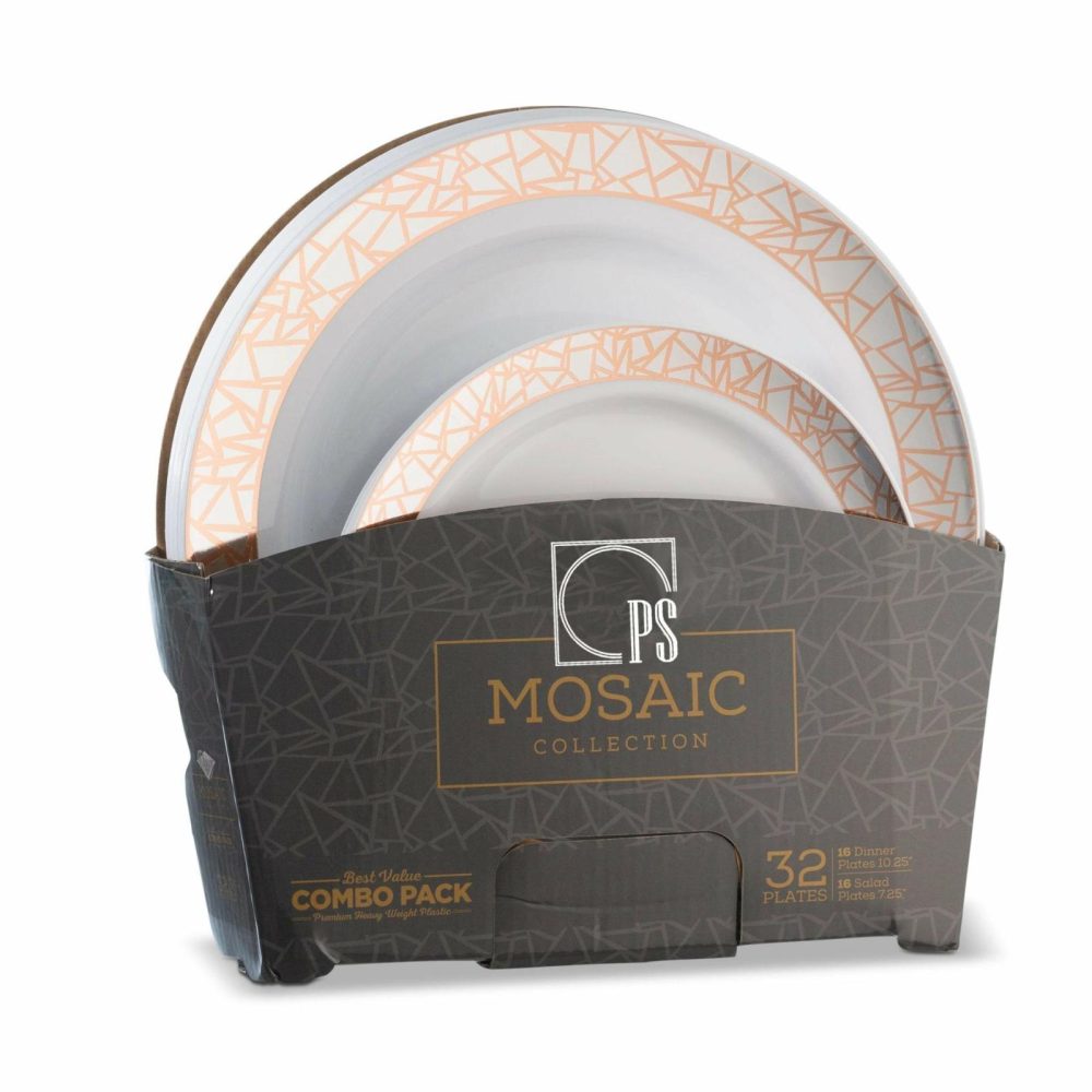 Value Sets | 32 Piece Combo Pack Rose Gold And Silver Round Plastic Dinnerware Value Set (16 Servings) – Mosaic Dinnerware Value Sets