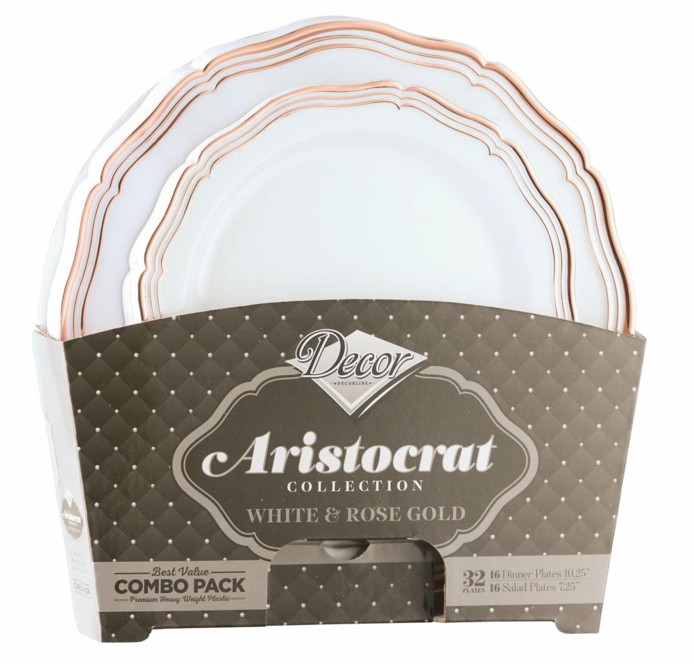 Value Sets | 32 Piece Combo Pack Rose Gold And White Round Plastic Dinnerware Value Set (16 Servings) – Aristocrat Dinnerware Value Sets