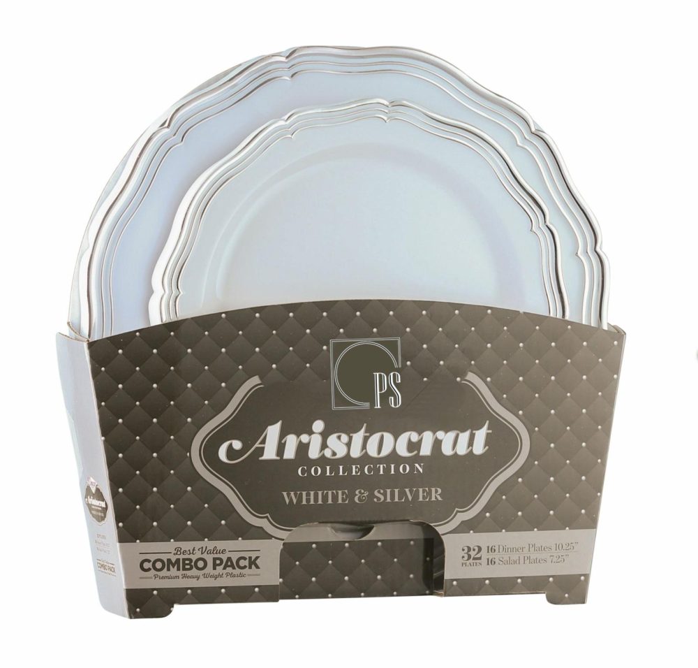 Value Sets | 32 Piece Combo Pack Silver And White Round Plastic Dinnerware Value Set (16 Servings) – Aristocrat Dinnerware Value Sets