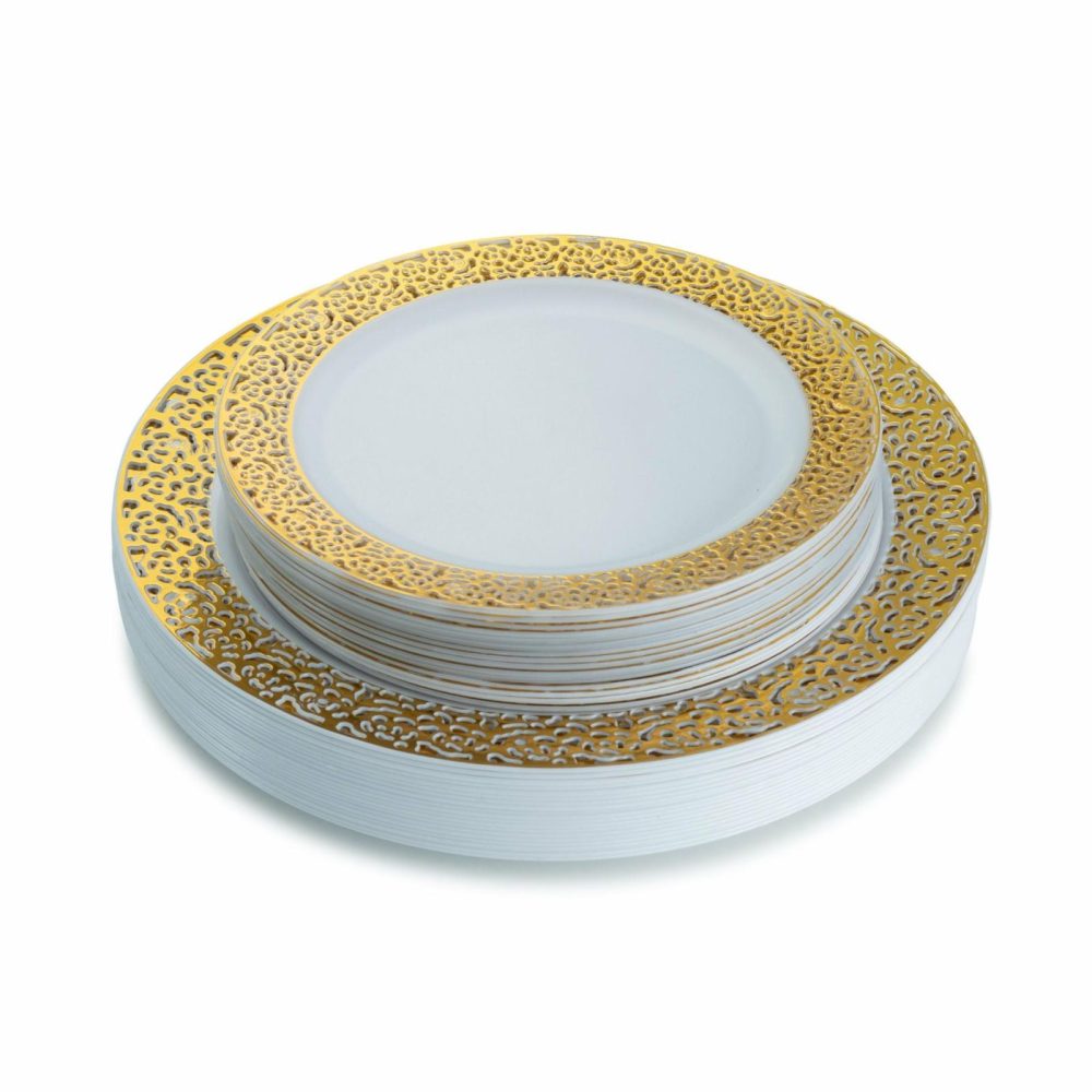 Value Sets | 40 Piece Combo Pack White And Gold Round Plastic Dinnerware Value Set (20 Servings) – Lace Dinnerware Value Sets